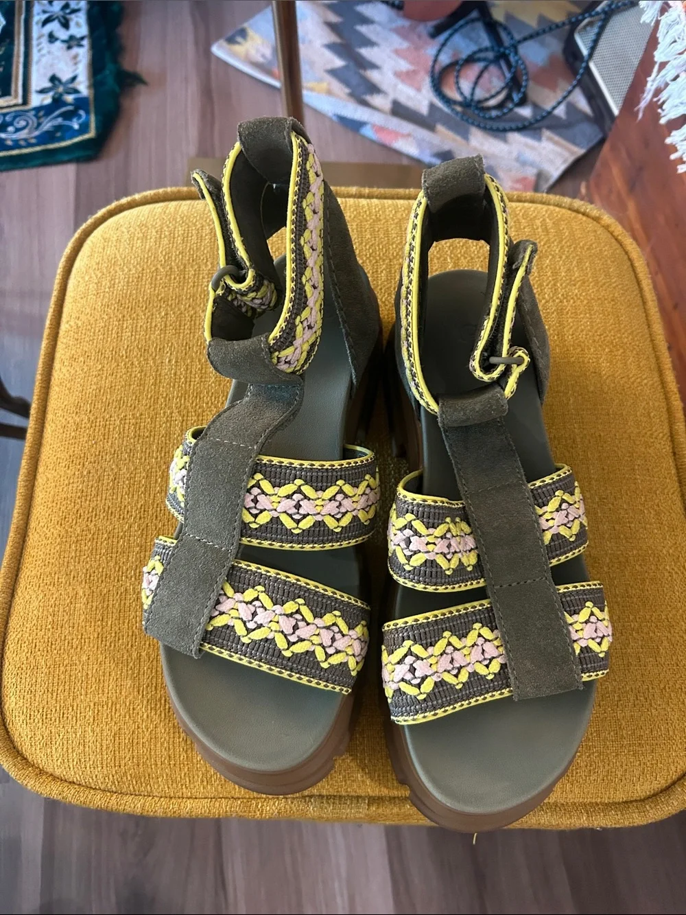 UGG Olive Green Braided Platform Sandals with Brown Sole